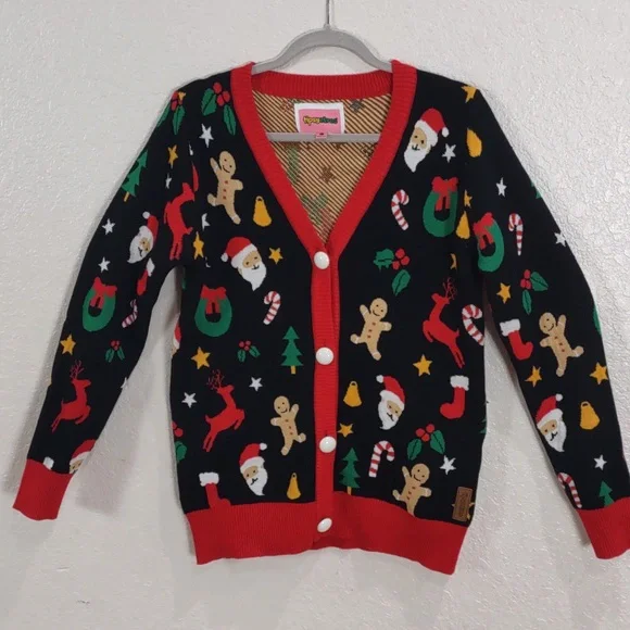 Tipsy Elves Black Cardigan with Red Trim and Festive Motifs - Picture 7 of 17